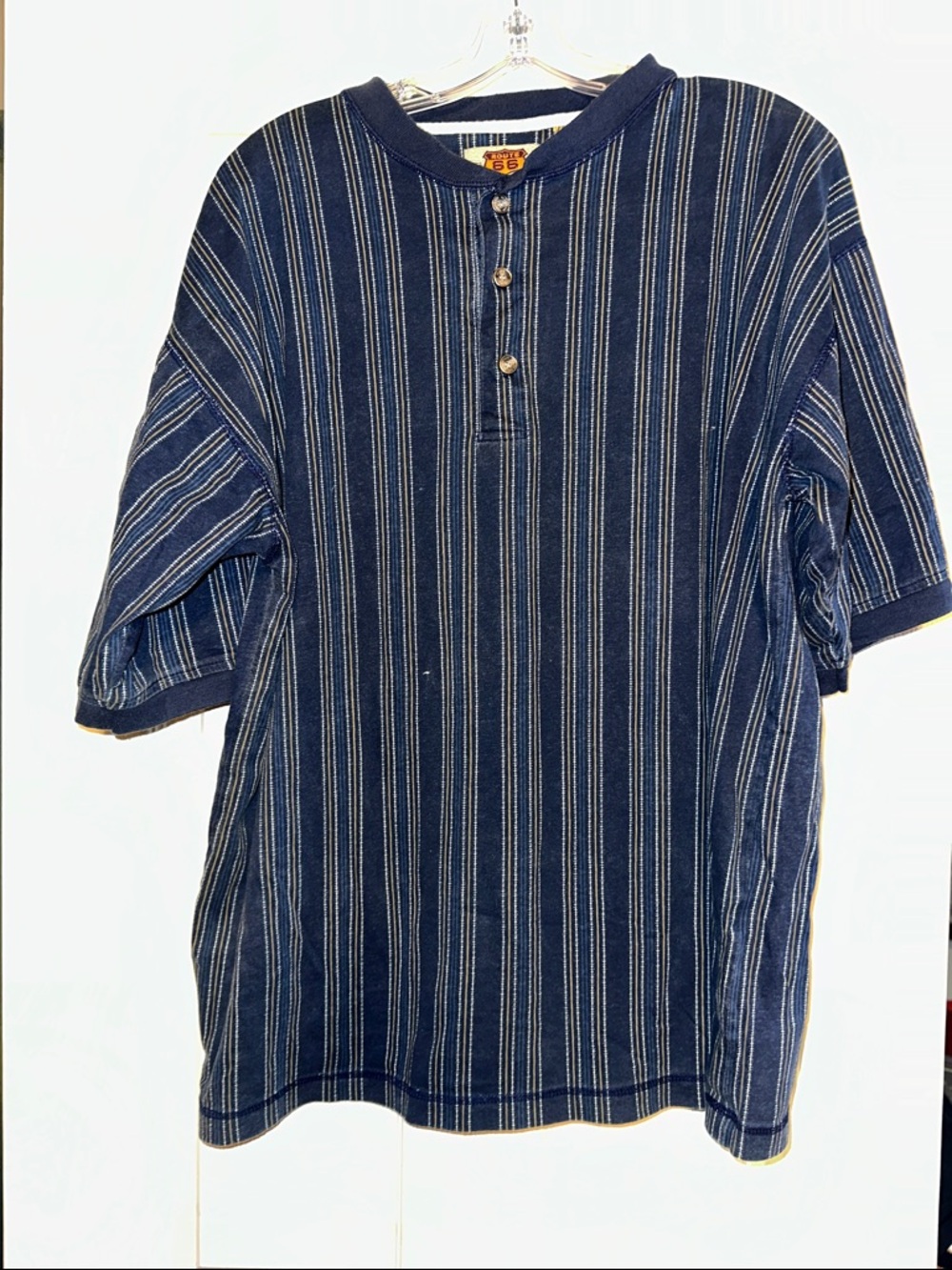 Route 66 Navy and White Striped Henley Polo